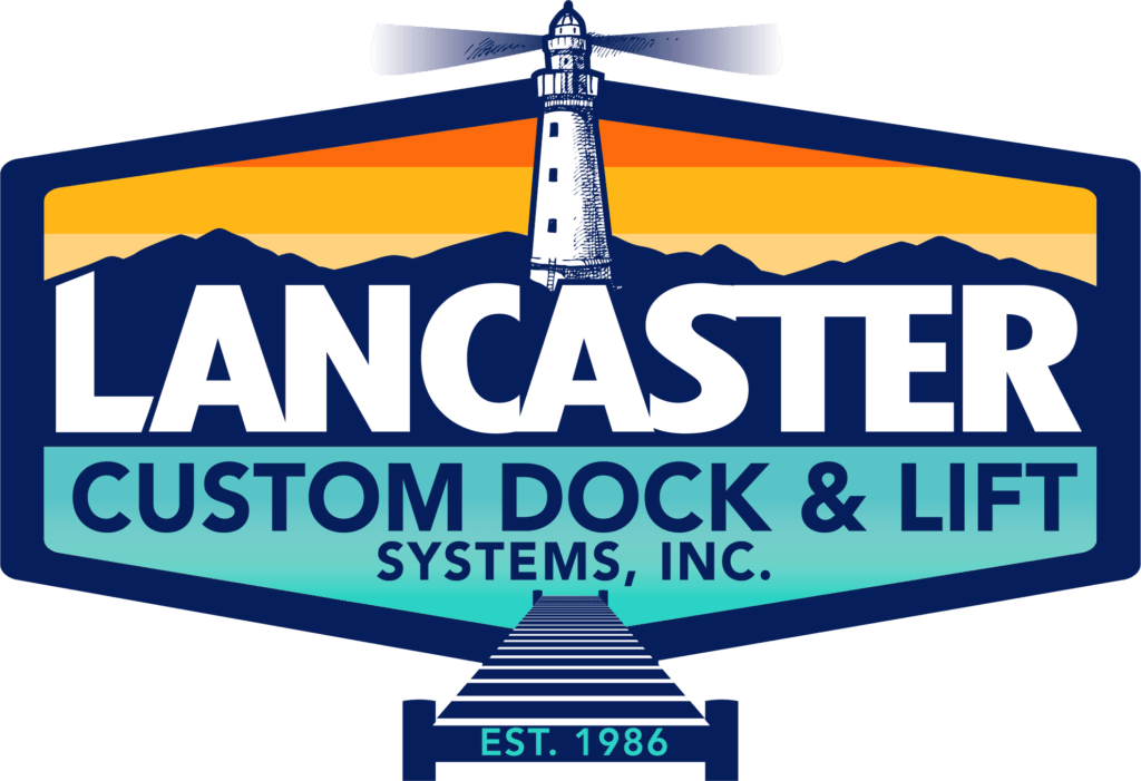 A logo with a lighthouse and mountain design, reads "Lancaster Custom Dock & Lift Systems, Inc." Below this is an image of a dock and "Est. 1986" in a green box. The background includes a sunset gradient from orange to yellow.