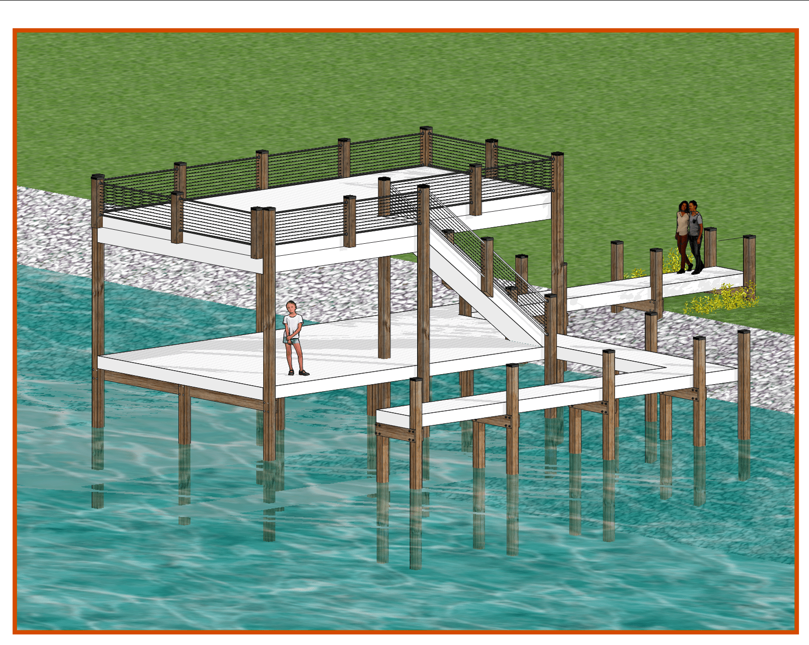 A two-story dock structure extends over blue-green water, featuring railings and stairs connecting the levels. One person stands on the lower deck, and two people are on the upper deck near the shore, with trees and grass in the background.