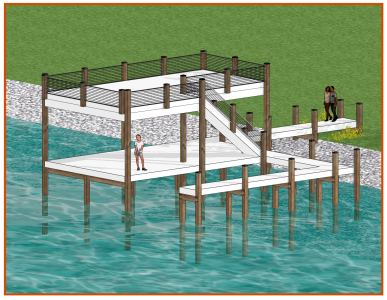 A two-story dock structure extends over blue-green water, featuring railings and stairs connecting the levels. One person stands on the lower deck, and two people are on the upper deck near the shore, with trees and grass in the background.